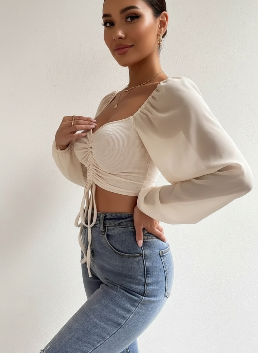 Dames Crop Top Gecrunchte Voorkant en Transparante Mouwen