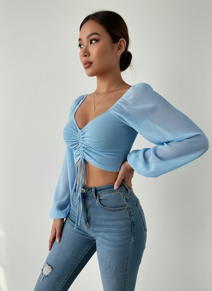 Dames Crop Top Gecrunchte Voorkant en Transparante Mouwen