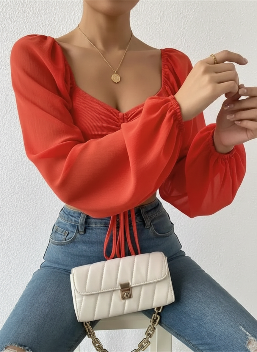 Dames Crop Top Gecrunchte Voorkant en Transparante Mouwen