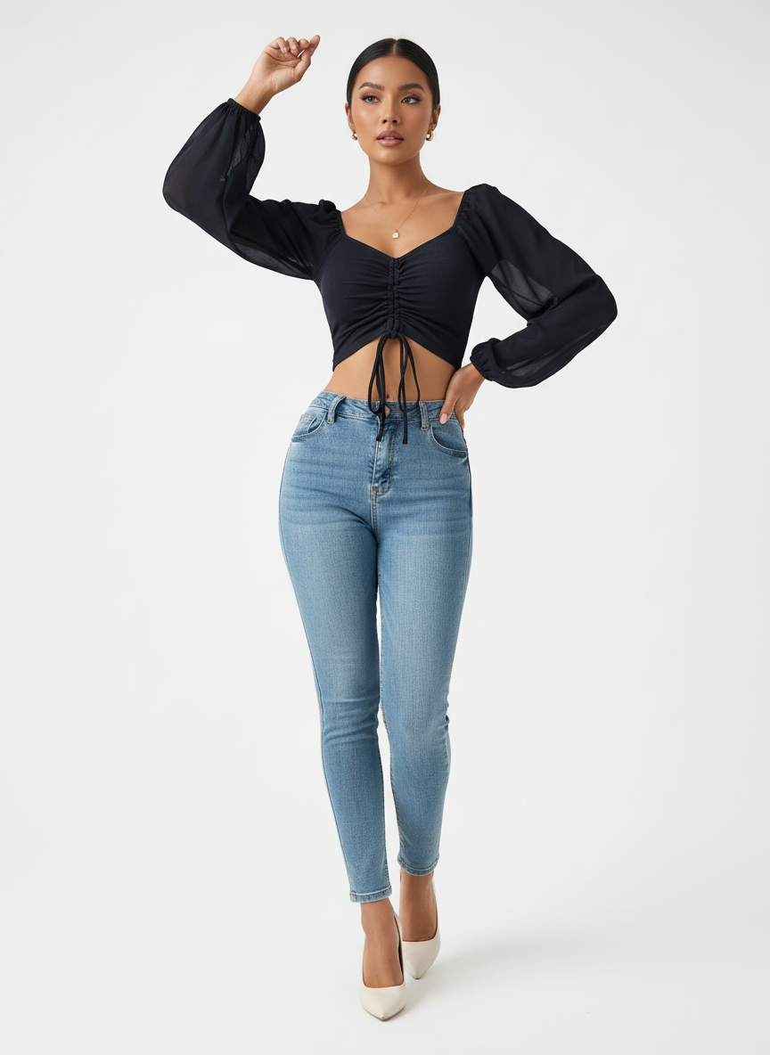 Dames Crop Top Gecrunchte Voorkant en Transparante Mouwen