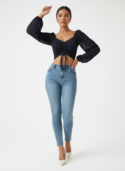 Dames Crop Top Gecrunchte Voorkant en Transparante Mouwen