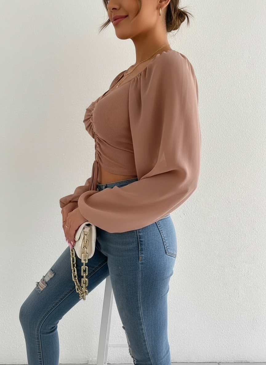 Dames Crop Top Gecrunchte Voorkant en Transparante Mouwen