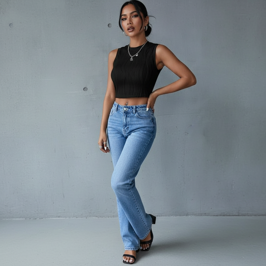 Dames Croptop met Verticaal Ribbelpatroon Korte Mouw