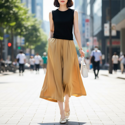 Vrouwen Culotte Broek Wijde Pijpen met Satijnen Glans - StudioMarella