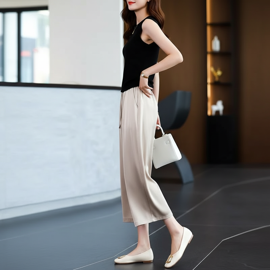 Vrouwen Culotte Broek Wijde Pijpen met Satijnen Glans