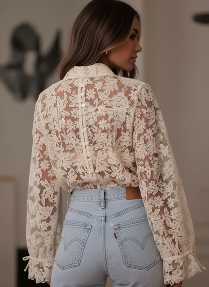 Dames Blouse V-hals Bloemenprint Kant