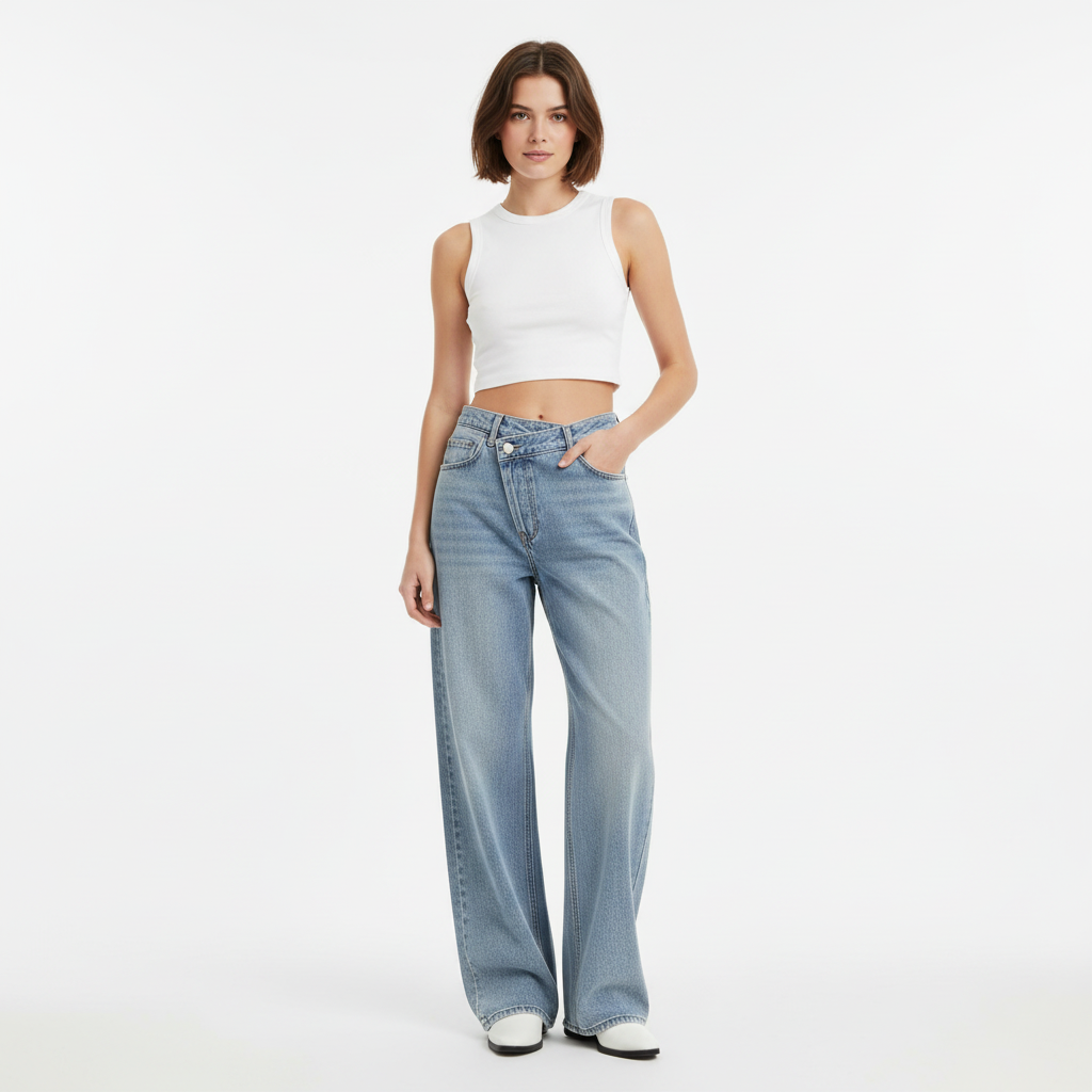 Dames Jeans met Crossover Tailleband Slank en Comfortabel