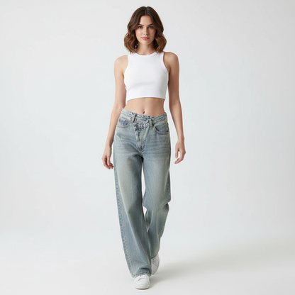 Dames Jeans met Crossover Tailleband Slank en Comfortabel