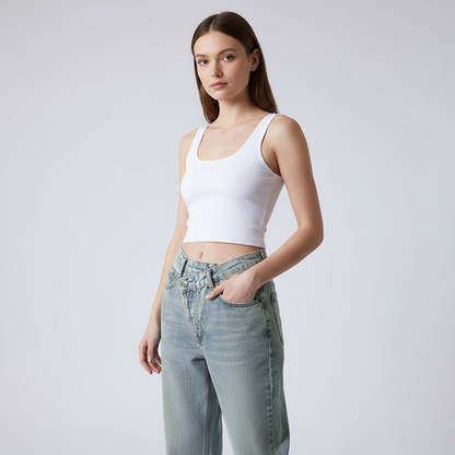 Dames Jeans met Crossover Tailleband Slank en Comfortabel