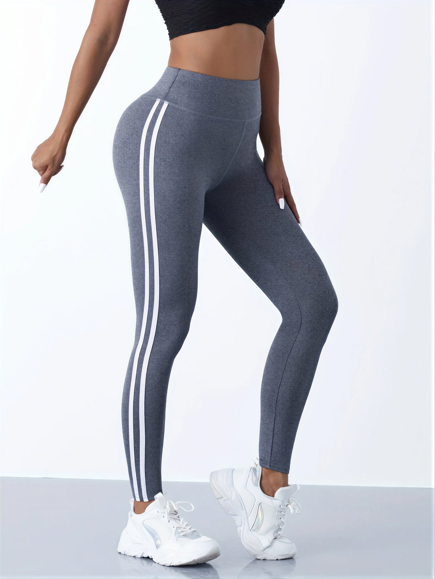 Fitness Legging met Dubbele Witte Strepen voor Vrouwen
