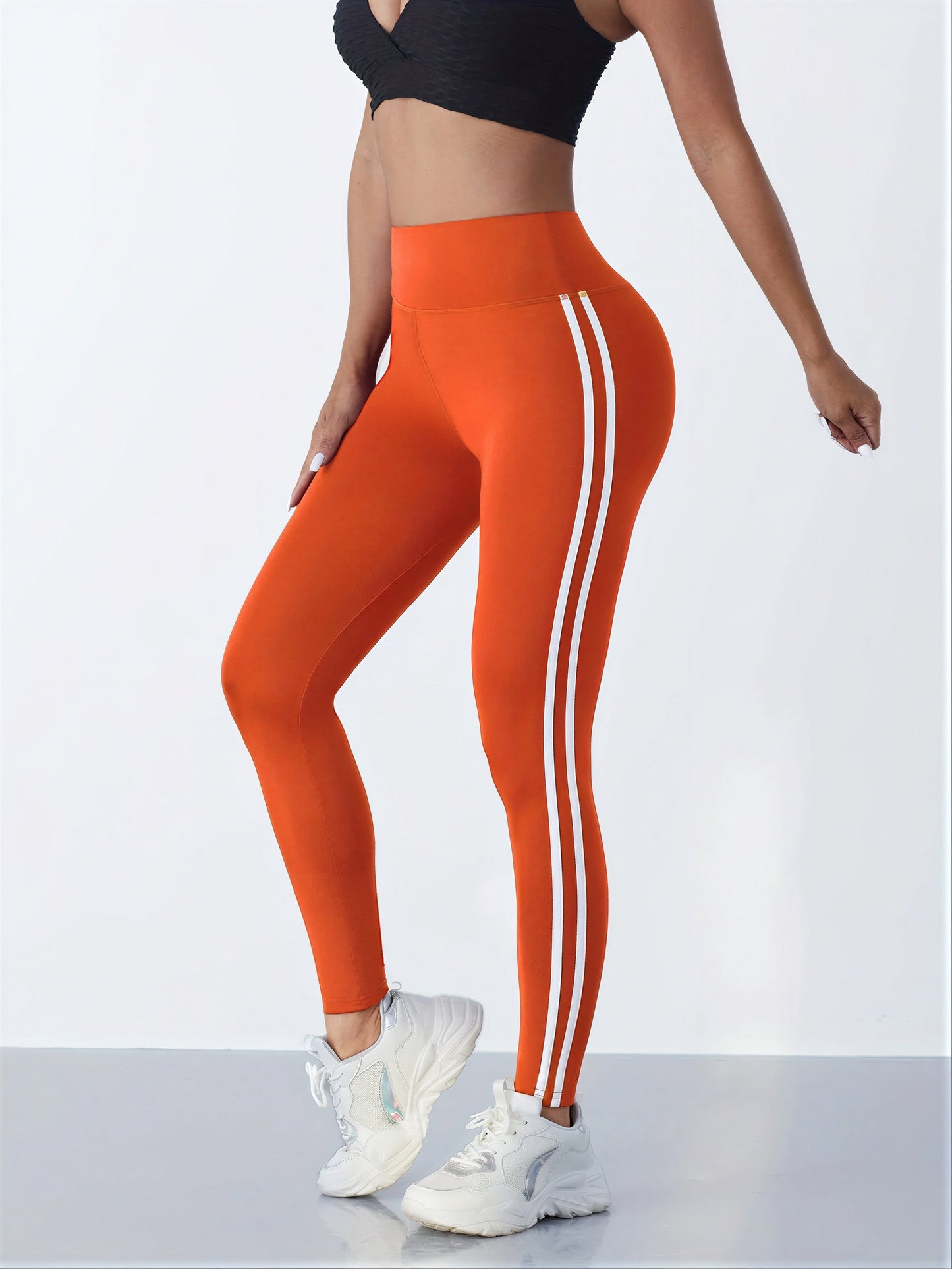 Fitness Legging met Dubbele Witte Strepen voor Vrouwen