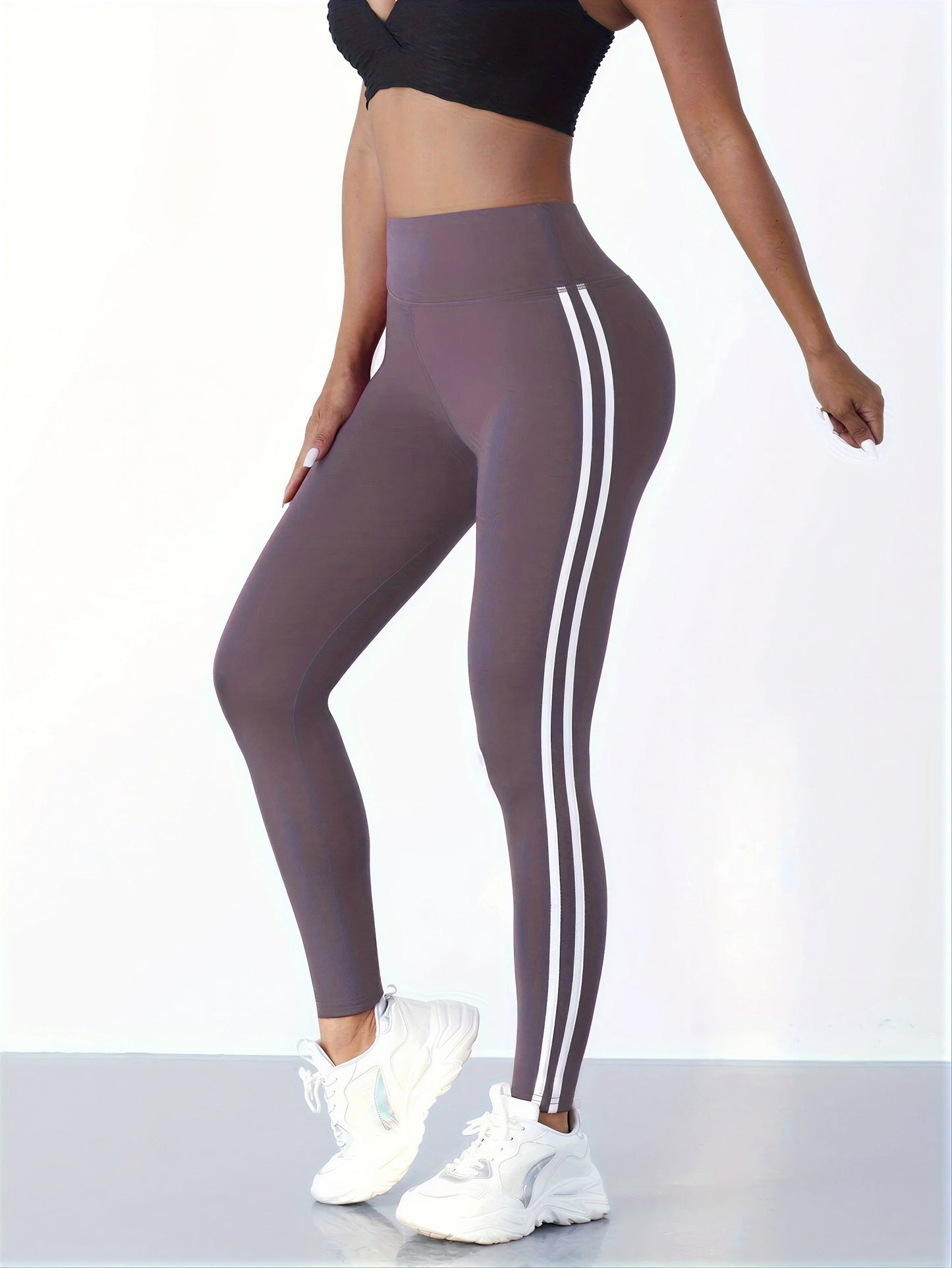 Fitness Legging met Dubbele Witte Strepen voor Vrouwen
