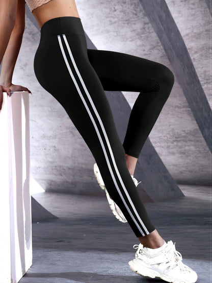 Fitness Legging met Dubbele Witte Strepen voor Vrouwen