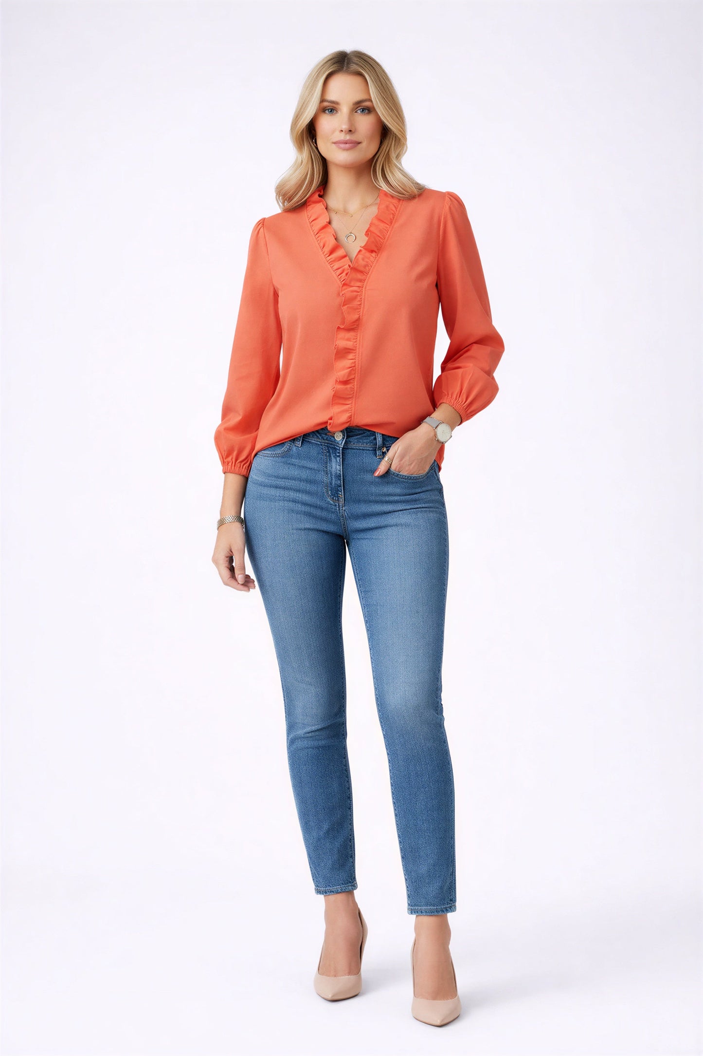 Vrouwelijke Blouse en Broekset Ruffle V-hals Professioneel