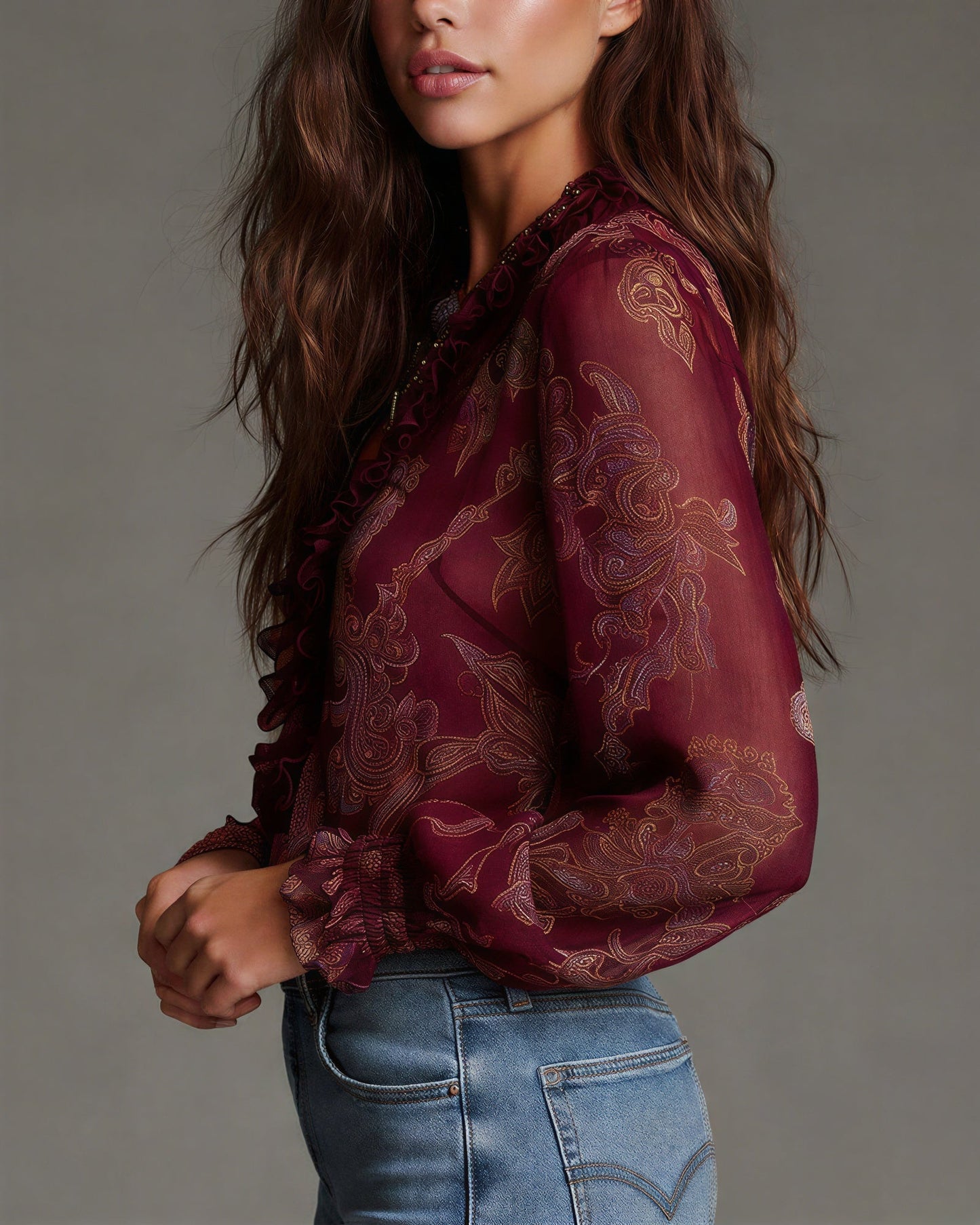 Vrouwelijke Doorzichtige Blouse met Rits en Plooien