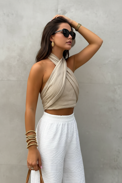 Vrouwen Halter Top met Textuur en Culottes Broek