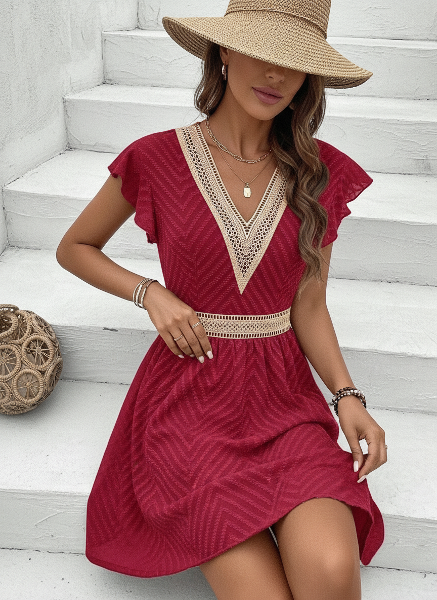Vrouwelijke Chevron Jurk met Kant en Strik Detail