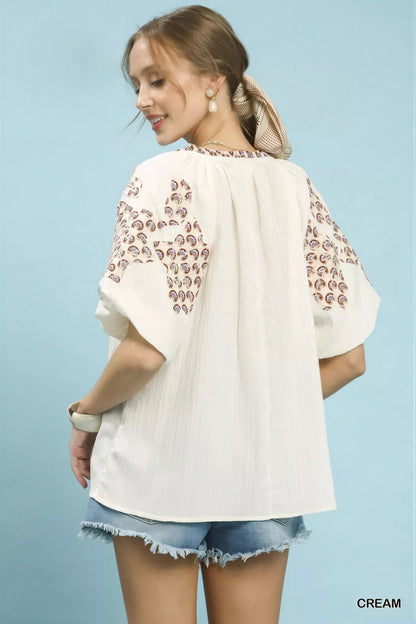 Vrouwen Blouse Geborduurd V-Hals Korte Mouwen