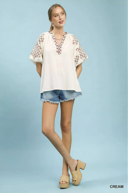 Vrouwen Blouse Geborduurd V-Hals Korte Mouwen