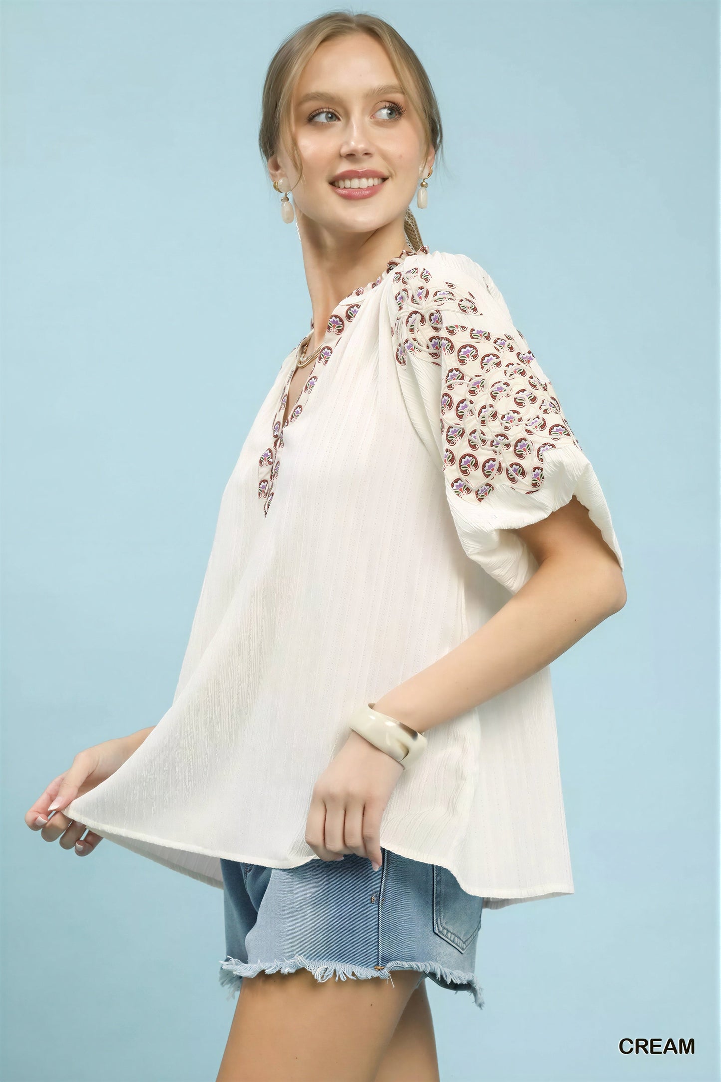 Vrouwen Blouse Geborduurd V-Hals Korte Mouwen