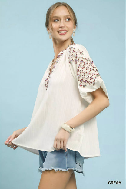 Vrouwen Blouse Geborduurd V-Hals Korte Mouwen