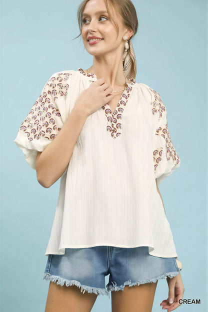 Vrouwen Blouse Geborduurd V-Hals Korte Mouwen