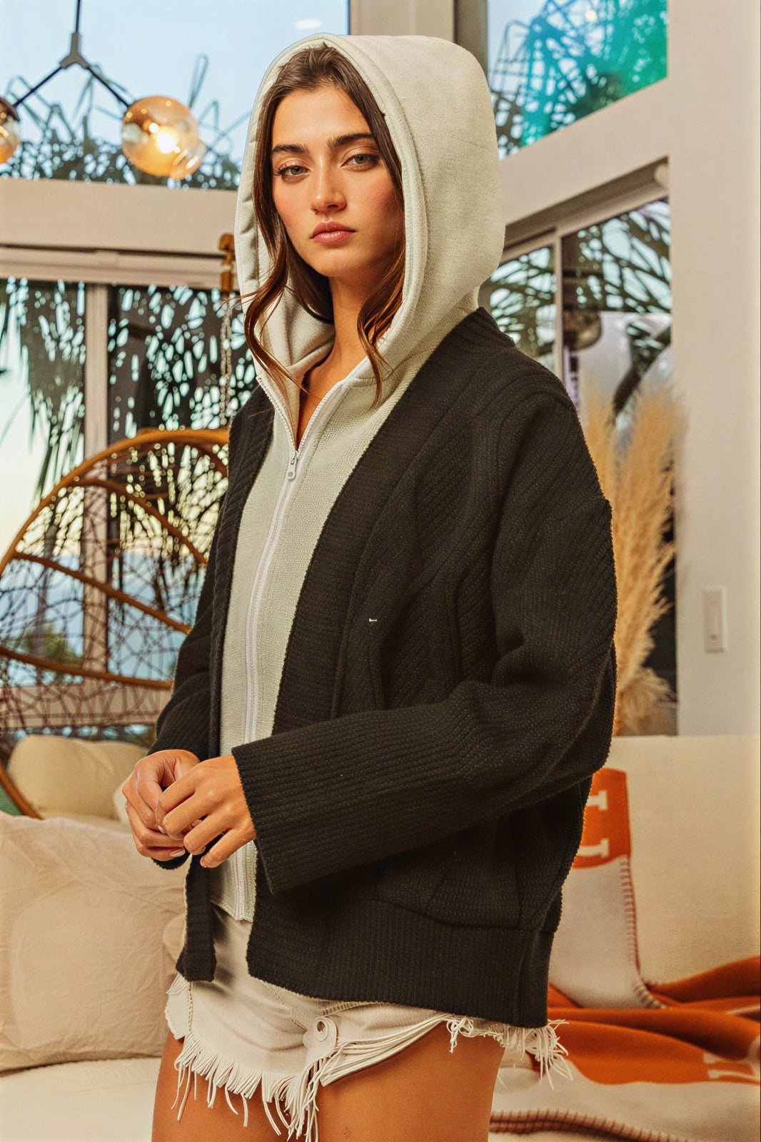 Dames Cardigan met Kapuchon en Contrastbreisel