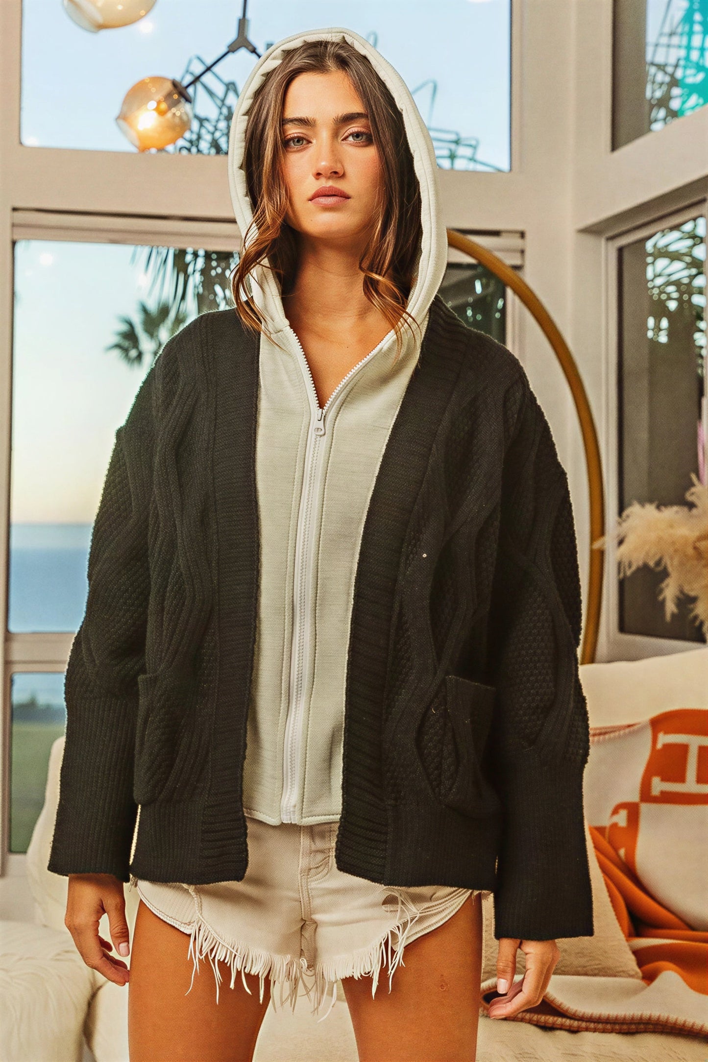 Dames Cardigan met Kapuchon en Contrastbreisel