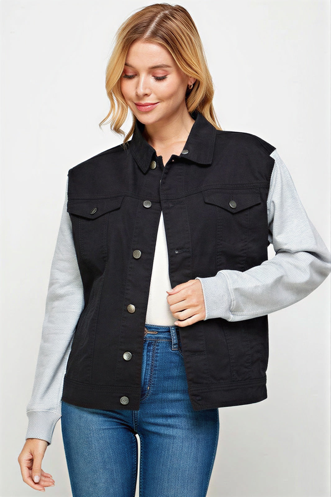 Dames Jacket met Contrasterende Mouwen en Kap