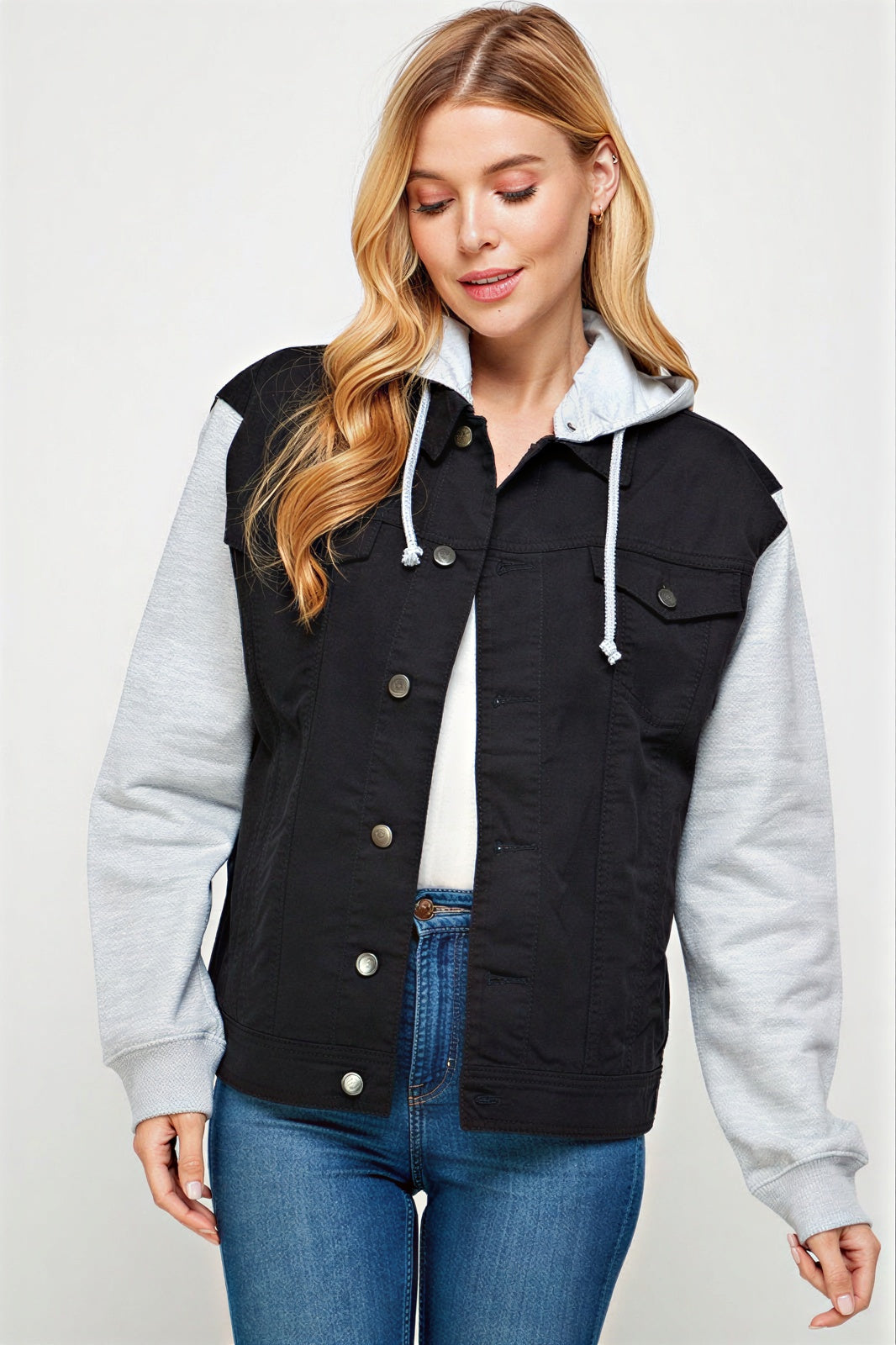 Dames Jacket met Contrasterende Mouwen en Kap