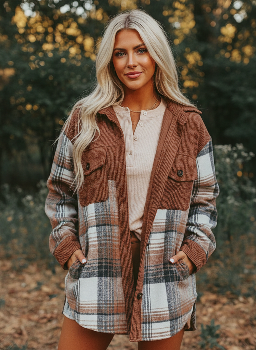Vrouwelijke Corduroy Shacket met Ruitpatroon en Koordjes