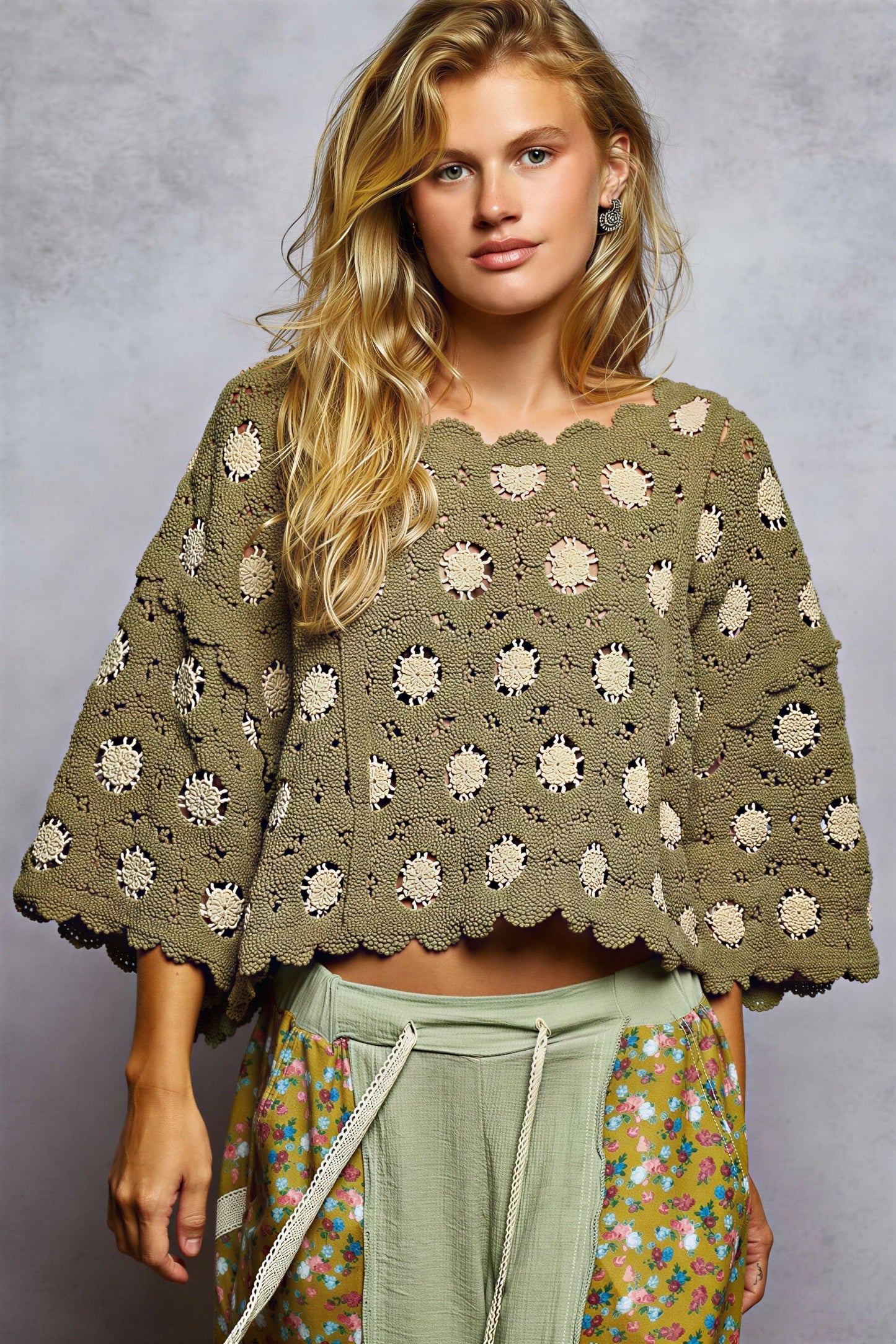 Vrouwen Cropped Sweater Bloemenpatroon Gegolfd