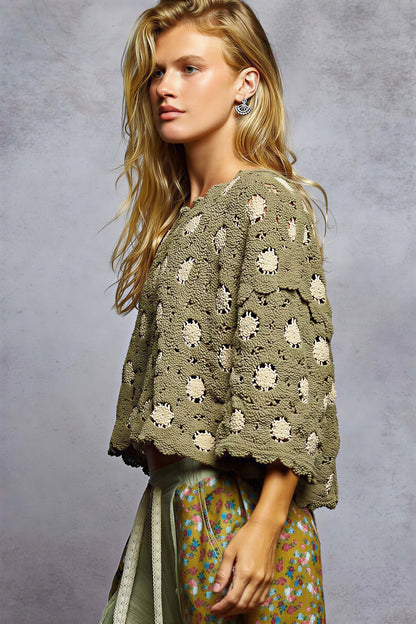 Vrouwen Cropped Sweater Bloemenpatroon Gegolfd