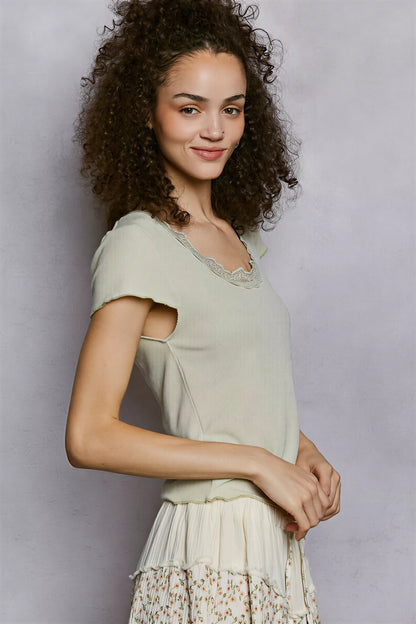 Vrouwen T-Shirt Kant Rand Halslijn Kort Model
