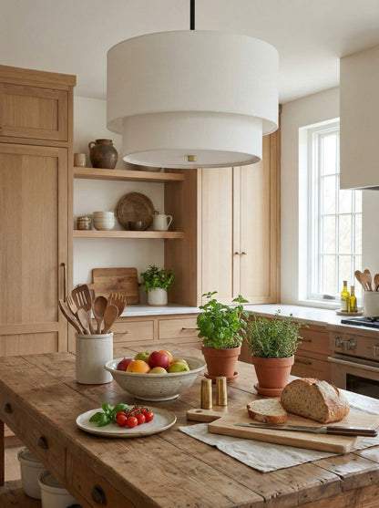 Dubbele Stoffen Drum Hanglamp – Moderne Gelaagde Kap Plafondlamp voor Eetkamer Woonkamer
