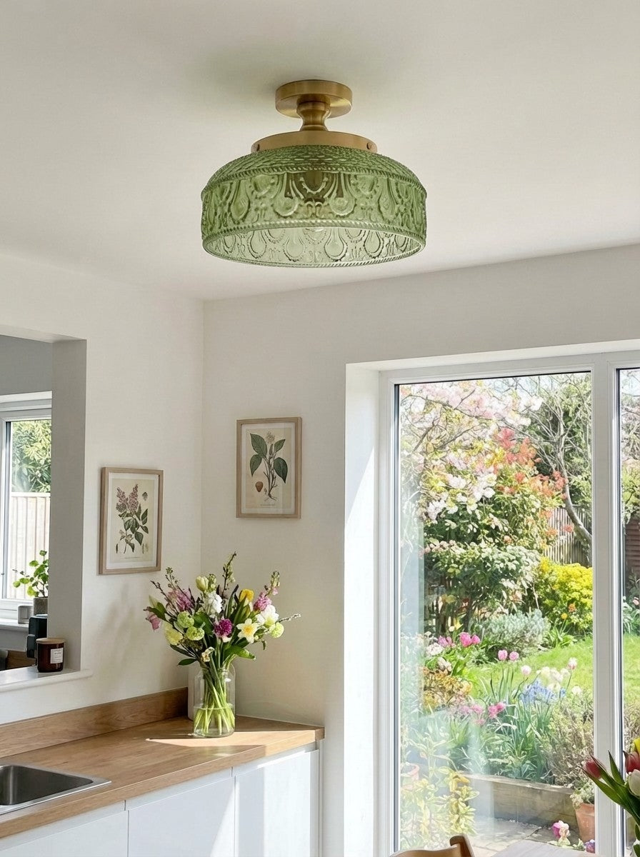 Geribbelde Glazen Plafondlamp met Metalen Armatuur – Minimalistische Verlichting voor Slaapkamer en Gang