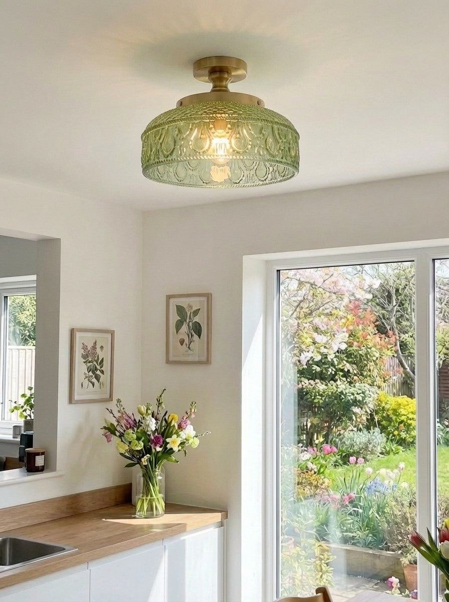 Geribbelde Glazen Plafondlamp met Metalen Armatuur – Minimalistische Verlichting voor Slaapkamer en Gang