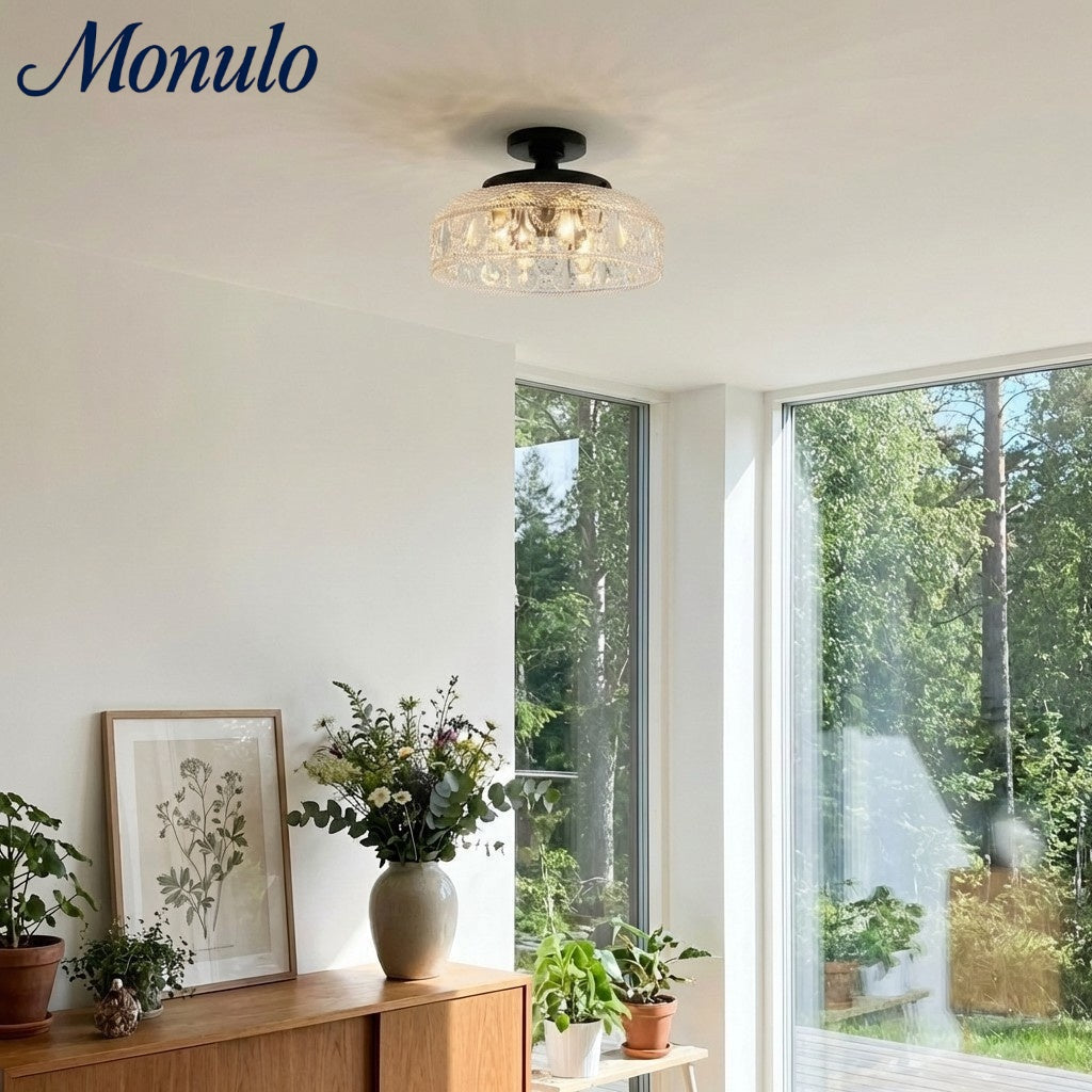 Geribbelde Glazen Plafondlamp met Metalen Armatuur – Minimalistische Verlichting voor Slaapkamer en Gang