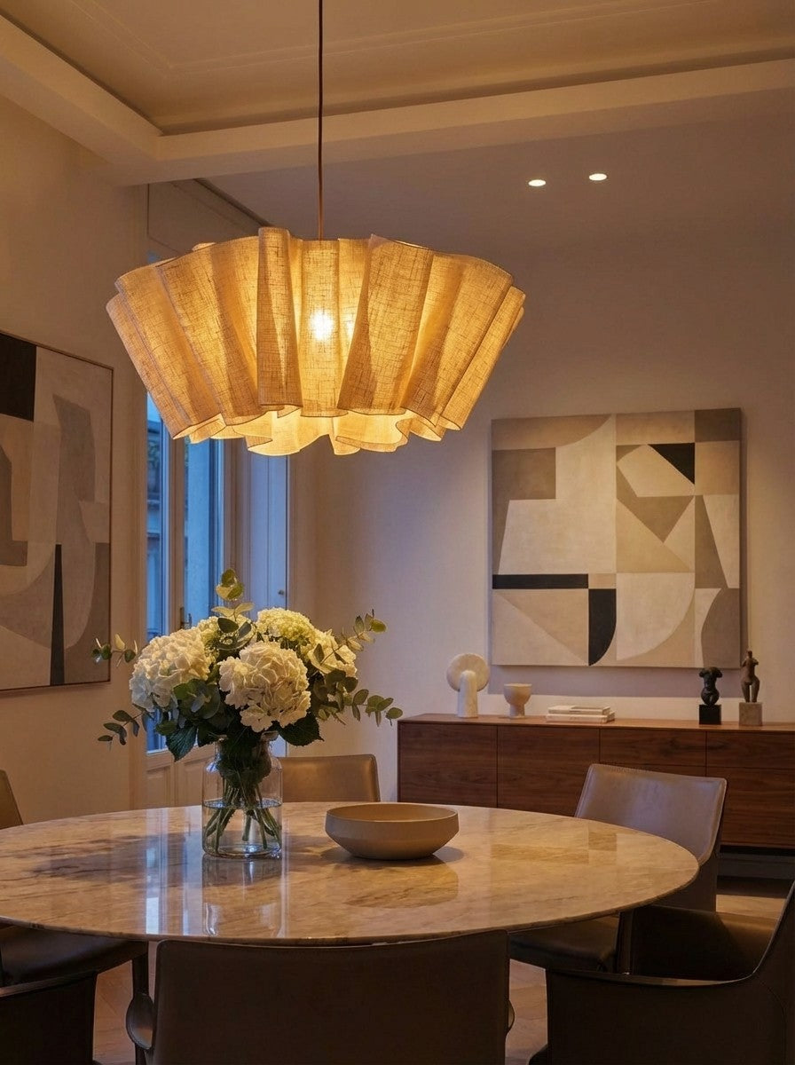 Geplisseerde Stoffen Hanglamp – Minimalistische Scandinavische Verlichting voor Eetkamer & Woonkamer