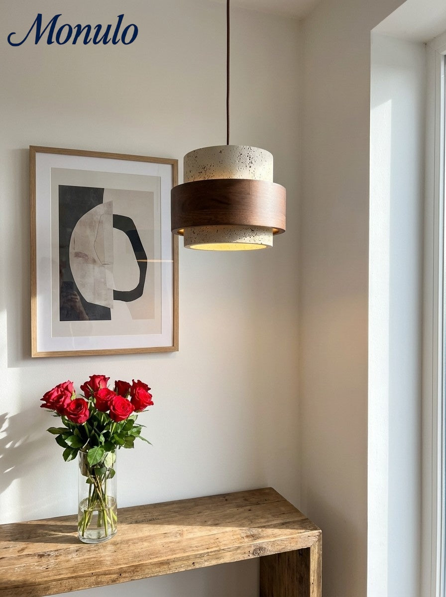 Houten Hanglamp met Travertijn Afwerking – Organische Lichtbron Eetkamer Woonkamer