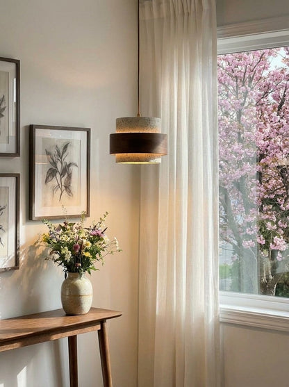 Houten Hanglamp met Travertijn Afwerking – Organische Lichtbron Eetkamer Woonkamer