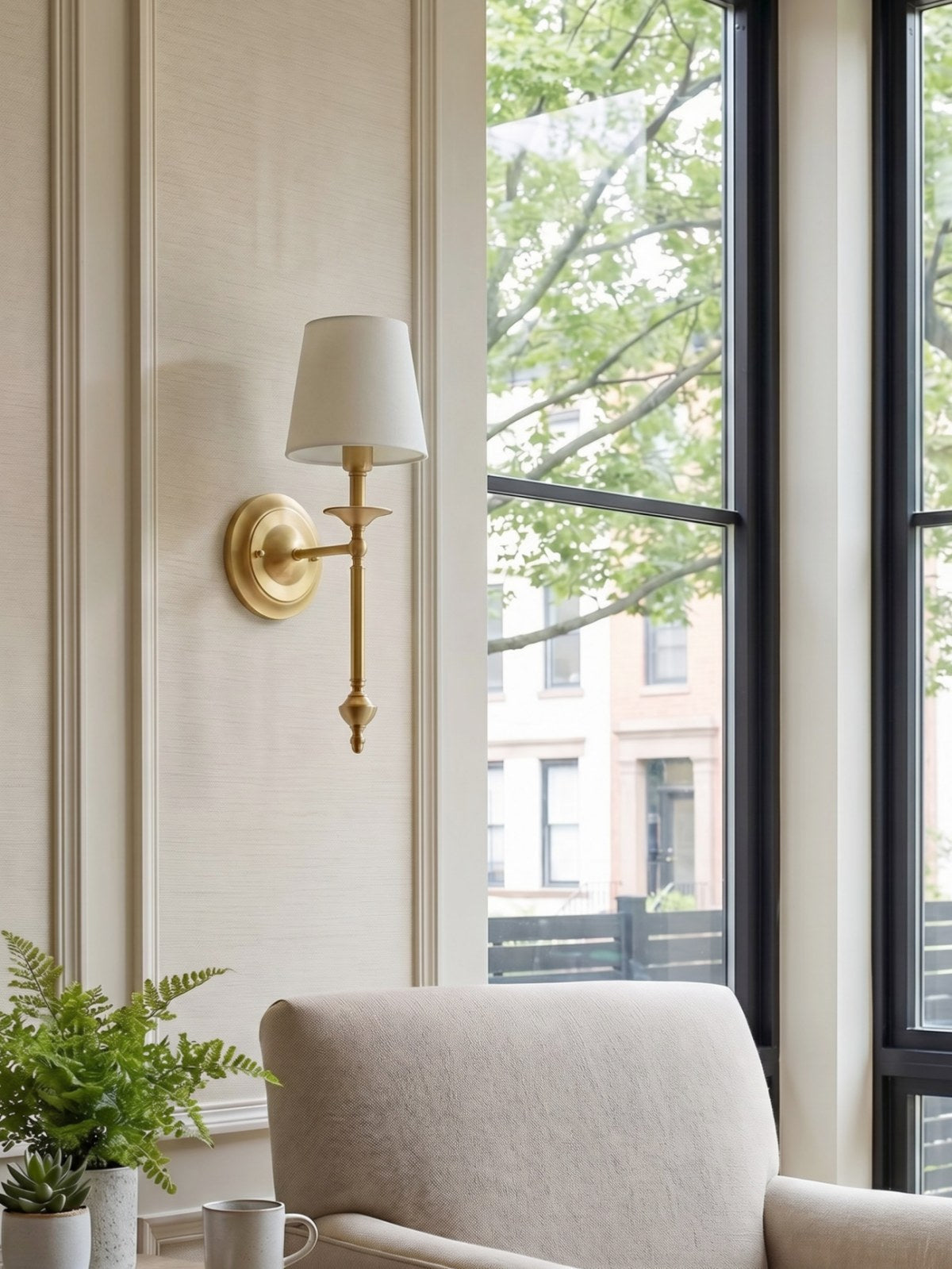Stoffen Wandlamp met Vintage Koperen Afwerking – Sfeervolle Verlichting voor Hal, Slaapkamer en Woonkamer
