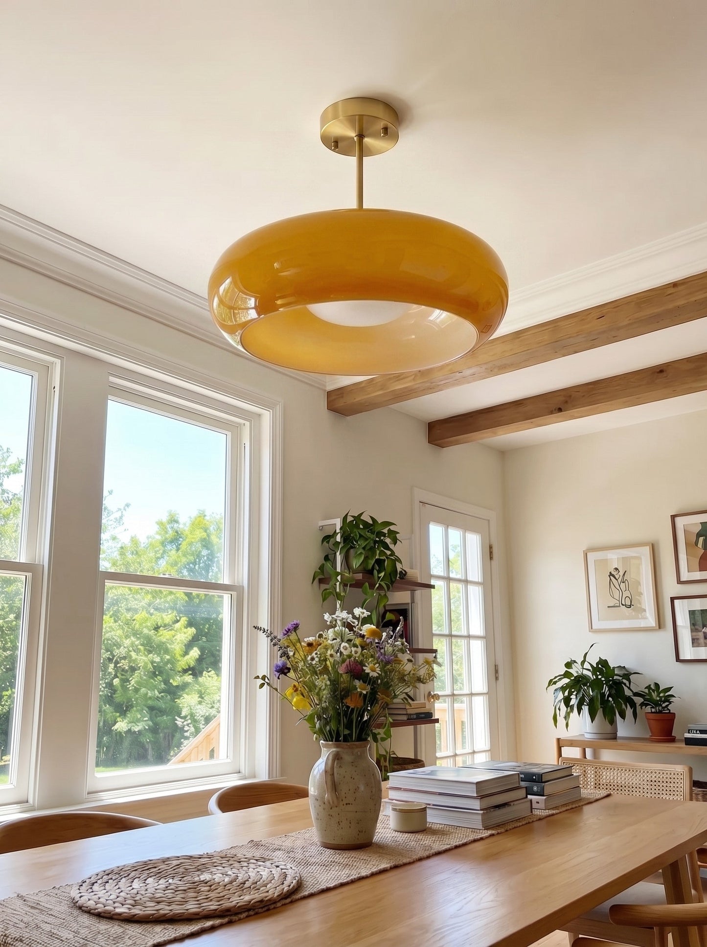 Plafondlamp Glazen Schijf Bauhaus Design Messing of Chroom Oranjegeel of Wit Glas Retro Stijlvolle Verlichting
