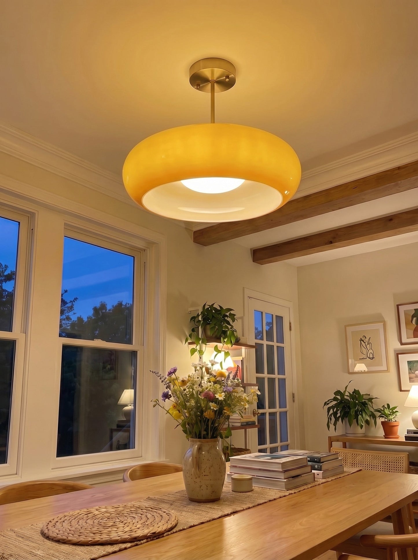 Plafondlamp Glazen Schijf Bauhaus Design Messing of Chroom Oranjegeel of Wit Glas Retro Stijlvolle Verlichting