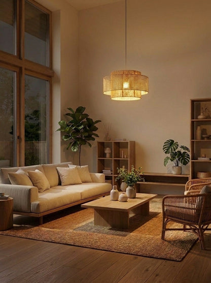 Handgeweven Hennep Hanglamp in Zen-Stijl – Natuurlijk Rotan Tromlamp voor Rustieke Sfeer