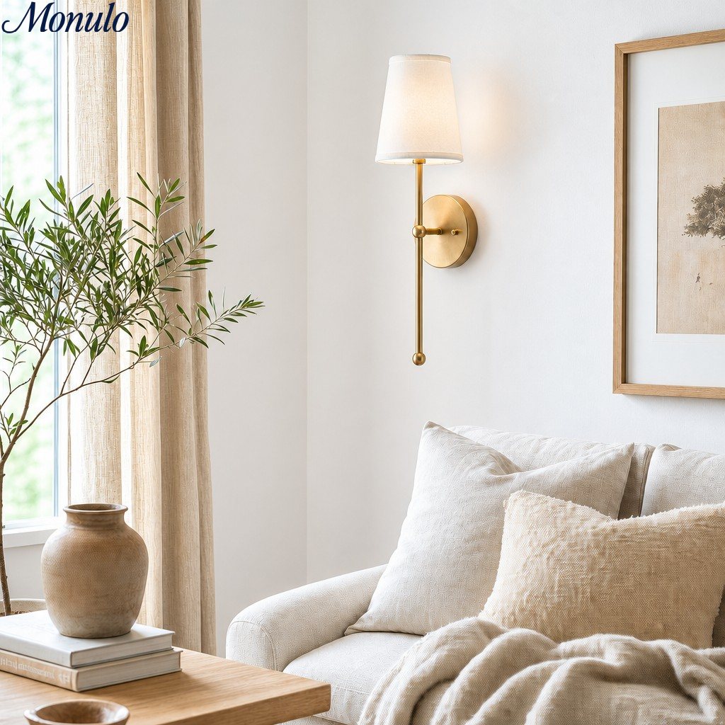 Rowan Wandlamp Messing Stoffen Kap Scandinavische Woonkamer Slaapkamer Verlichting 15x53cm