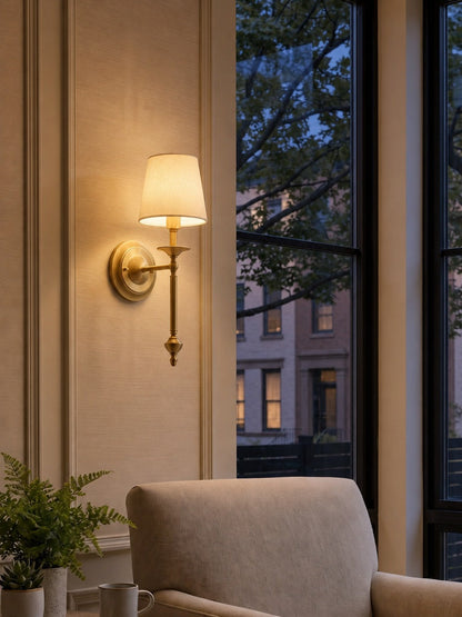 Stoffen Wandlamp met Vintage Koperen Afwerking – Sfeervolle Verlichting voor Hal, Slaapkamer en Woonkamer
