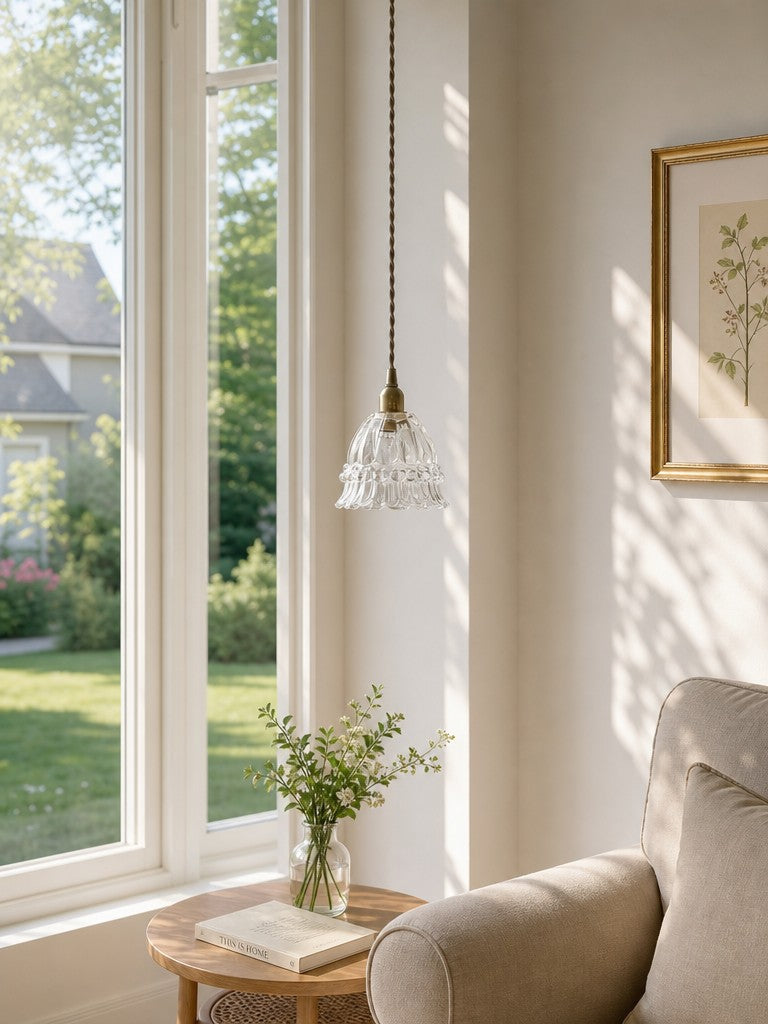 Franse Landelijke Hanglamp Glazen Kap Kwallen Design Transparant of Amber met Walnoot Greep Sfeerverlichting Eetkamer Elegante Plafondlamp