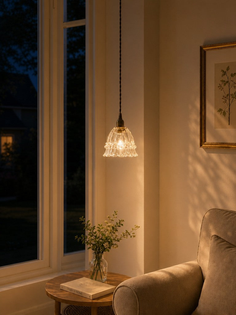 Franse Landelijke Hanglamp Glazen Kap Kwallen Design Transparant of Amber met Walnoot Greep Sfeerverlichting Eetkamer Elegante Plafondlamp