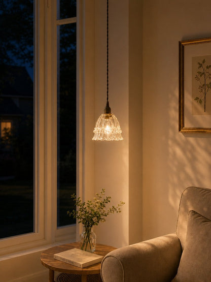 Franse Landelijke Hanglamp Glazen Kap Kwallen Design Transparant of Amber met Walnoot Greep Sfeerverlichting Eetkamer Elegante Plafondlamp
